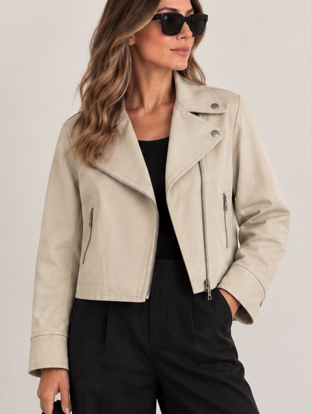 NWT Banana Republic Cotton Moto Biker Jacket Beige Boxy Size L Neutral Classic